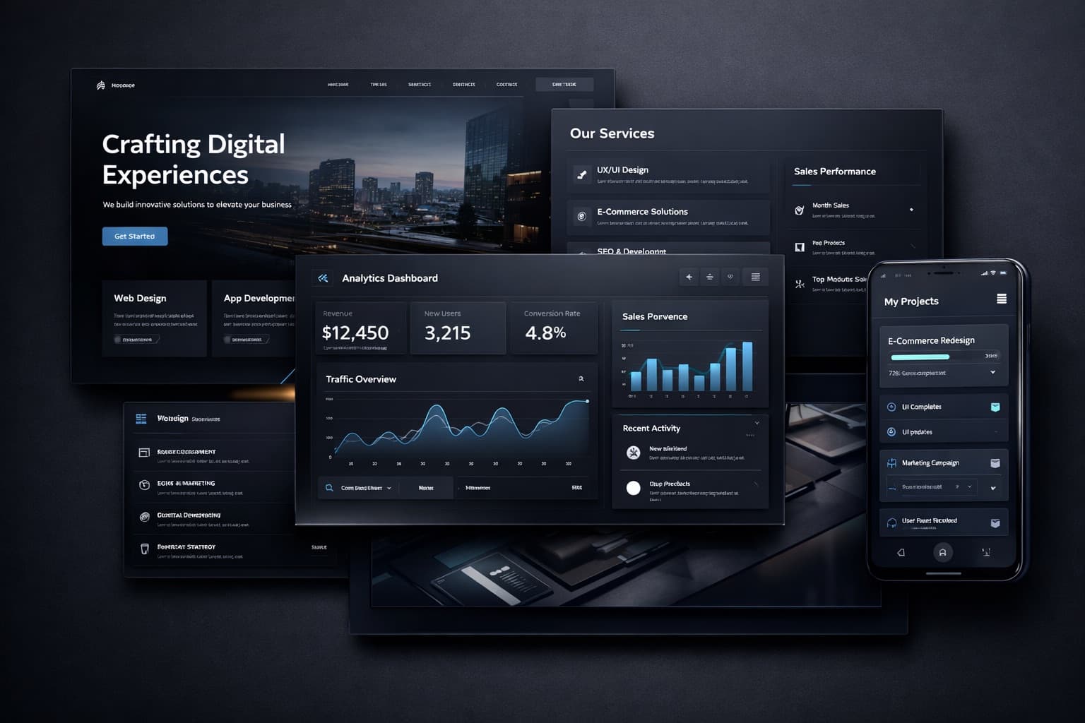 Interface composition showing a premium website system